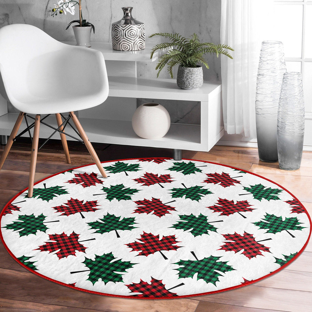 Winter Round Rug|Circle Non-Slip Rug|Pine Tree Round Carpet|Checkered Xmas Rug|Pine Tree Home Decor|Leaf Print Carpet|Multi-Purpose Mat