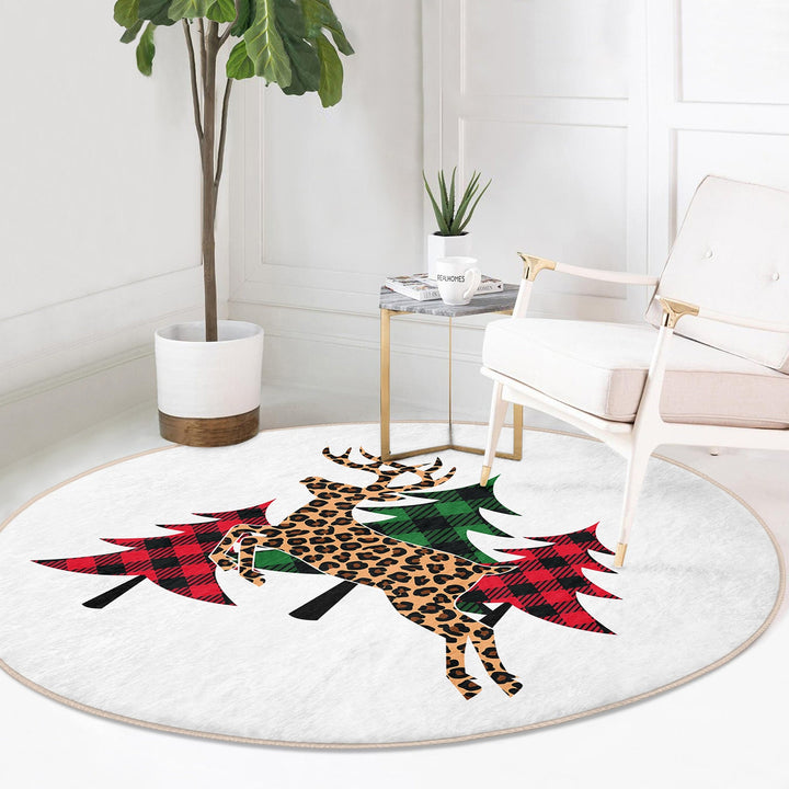 Winter Round Rug|Circle Non-Slip Rug|Pine Tree Round Carpet|Checkered Xmas Rug|Pine Tree Home Decor|Leaf Print Carpet|Multi-Purpose Mat