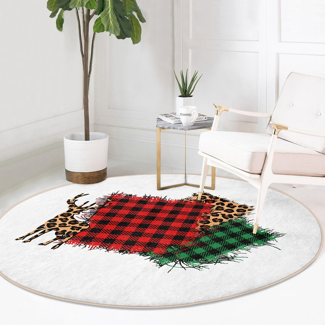 Winter Round Rug|Circle Non-Slip Rug|Pine Tree Round Carpet|Checkered Xmas Rug|Pine Tree Home Decor|Leaf Print Carpet|Multi-Purpose Mat
