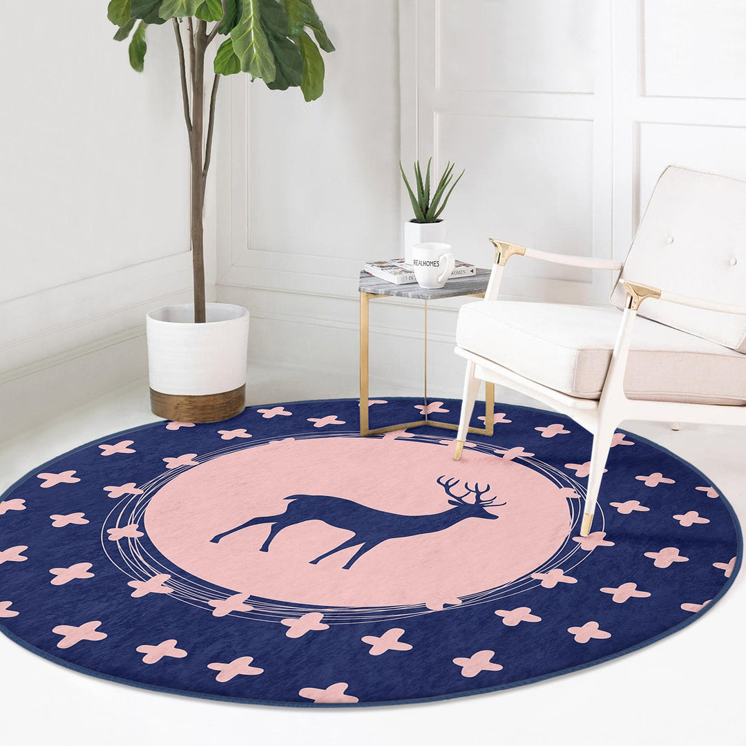 Christmas Round Rug|Winter Non-Slip Rug|Deer Circle Carpet|Abstract Decorative Xmas Rug|Tree Branch Decor|Xmas Deer Carpet|Multi-Purpose Mat