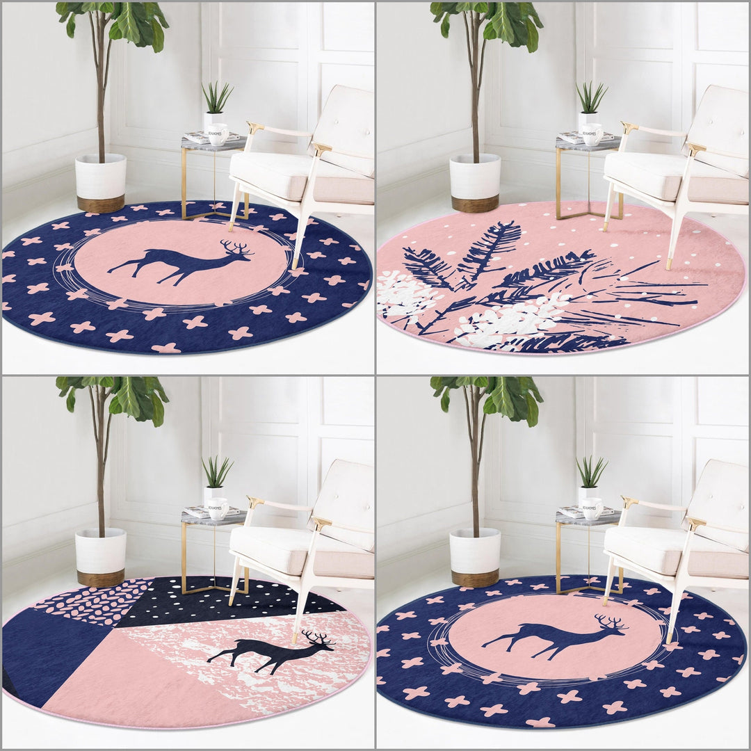 Christmas Round Rug|Winter Non-Slip Rug|Deer Circle Carpet|Abstract Decorative Xmas Rug|Tree Branch Decor|Xmas Deer Carpet|Multi-Purpose Mat