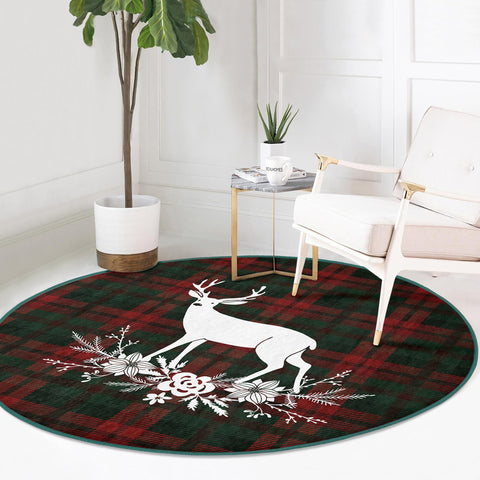 Christmas Round Rug|Winter Non-Slip Rug|Deer Circle Carpet|Decorative Merry Xmas Rug|Floral Deer Decor|Plaid Xmas Carpet|Multi-Purpose Mat