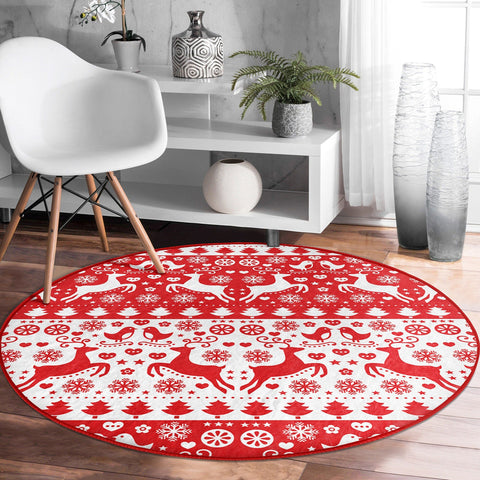 Christmas Round Rug|Red White Circle Carpet|Winter Non-Slip Rug|Merry Xmas Round Rug|Xmas Deer and Tree|Snowflake Carpet|Multi-Purpose Mat
