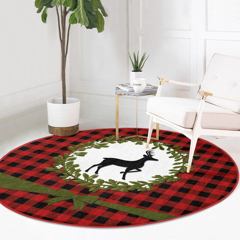Christmas Circle Rug|Winter Round Carpet|Checkered Xmas Rug|Circle Non-Slip Rug|Xmas Deer Carpet|Buckhorn Home Decor|Decorative Floor Mat