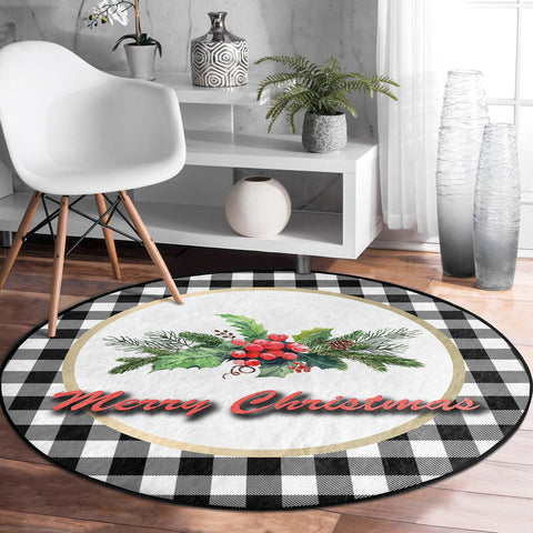 Christmas Round Rug|Checkered Merry Xmas Rug|Xmas Trees Carpet|Winter Non-Slip Rug|Gnome Circle Carpet|Black White Decor|Red Berries Mat