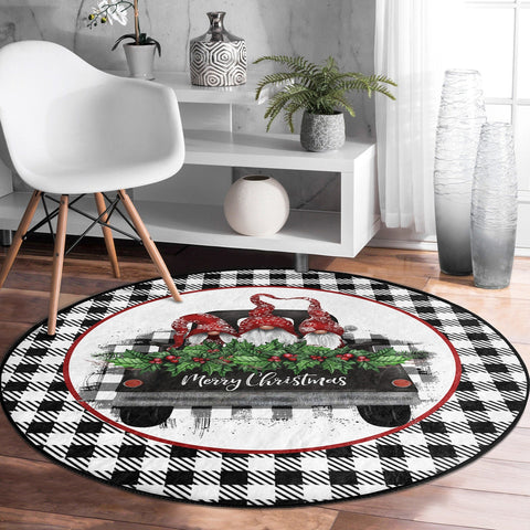 Christmas Round Rug|Checkered Merry Xmas Rug|Xmas Trees Carpet|Winter Non-Slip Rug|Gnome Circle Carpet|Black White Decor|Red Berries Mat
