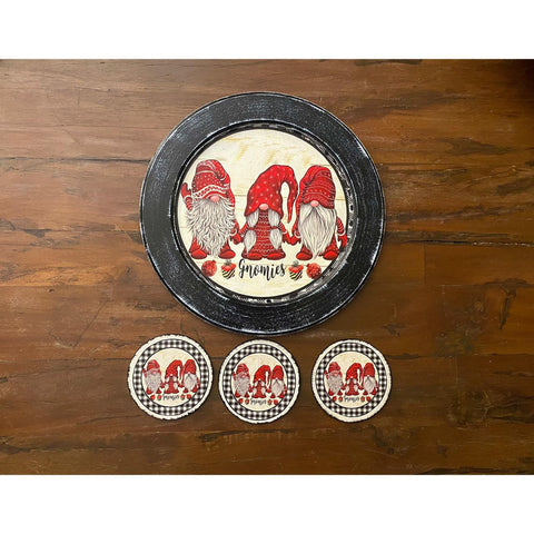 Gnomies Wooden Tray, Coaster Set|Hand Painted Tray|Winter Table Decor|Dwarf Santa Acrylic Paint Plate|Round Serving Tray|Xmas Gift for Her