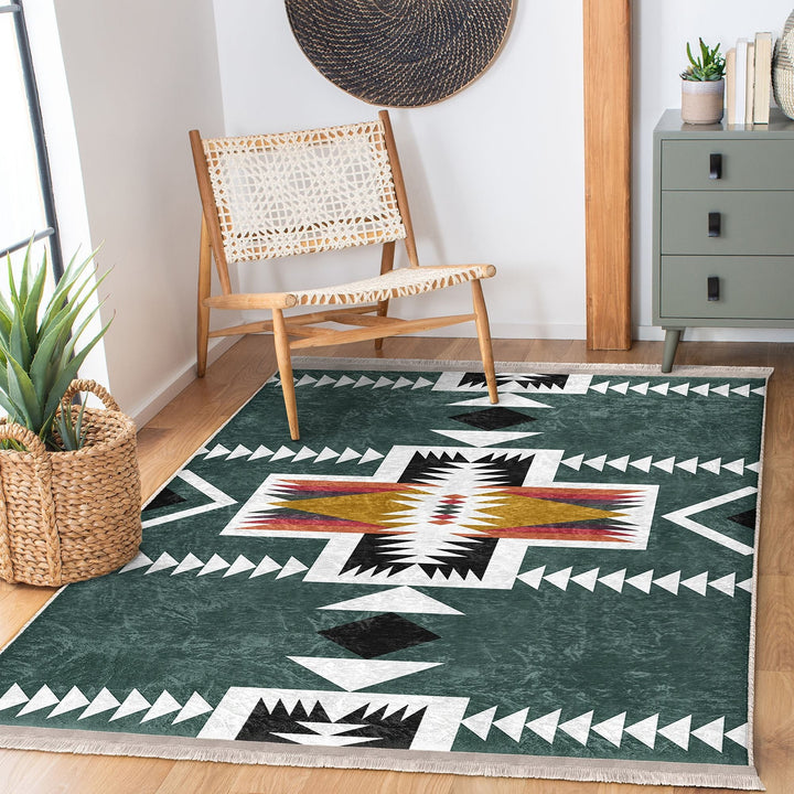 Rug Design Carpet|Southwestern Rug|Ethnic Pattern Machine-Washable Non-Slip Rug|Aztec Fringed Anti-Slip Floor Mat|Rustic Geometric Decor