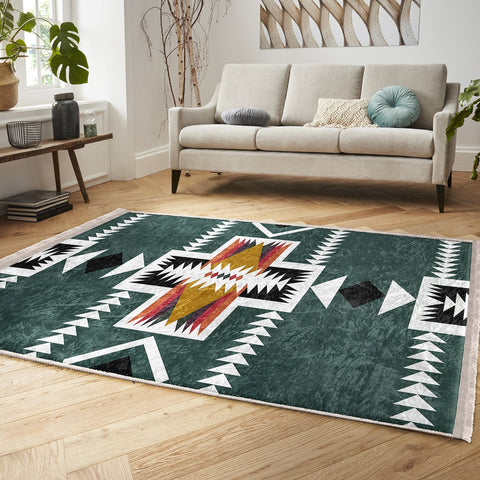 Rug Design Carpet|Southwestern Rug|Ethnic Pattern Machine-Washable Non-Slip Rug|Aztec Fringed Anti-Slip Floor Mat|Rustic Geometric Decor