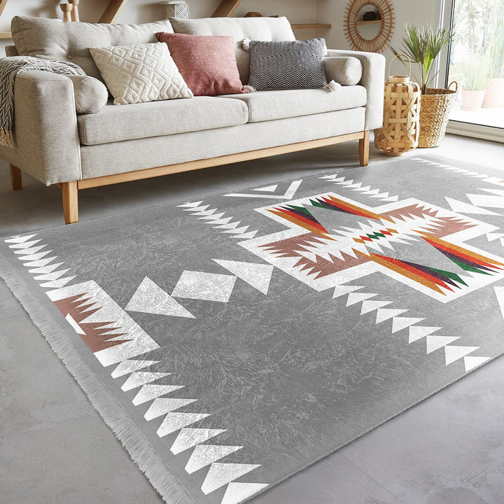 Rug Design Carpet|Ethnic Geometric Decor|Southwestern Rug|Rustic Pattern Machine-Washable Non-Slip Carpet|Aztec Fringed Anti-Slip Floor Mat