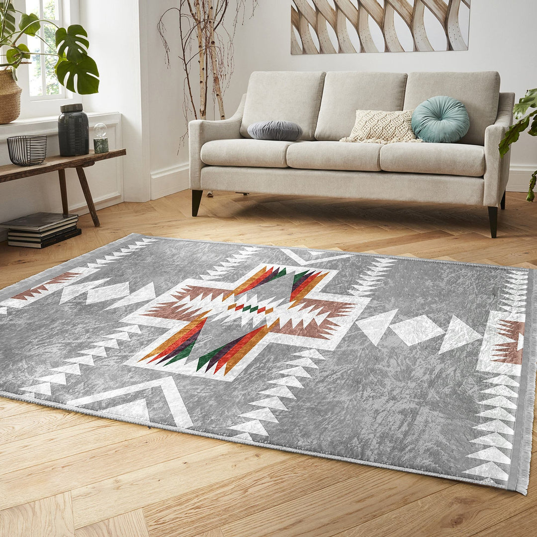 Rug Design Carpet|Ethnic Geometric Decor|Southwestern Rug|Rustic Pattern Machine-Washable Non-Slip Carpet|Aztec Fringed Anti-Slip Floor Mat