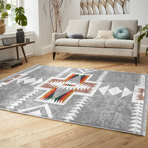 Rug Design Carpet|Ethnic Geometric Decor|Southwestern Rug|Rustic Pattern Machine-Washable Non-Slip Carpet|Aztec Fringed Anti-Slip Floor Mat