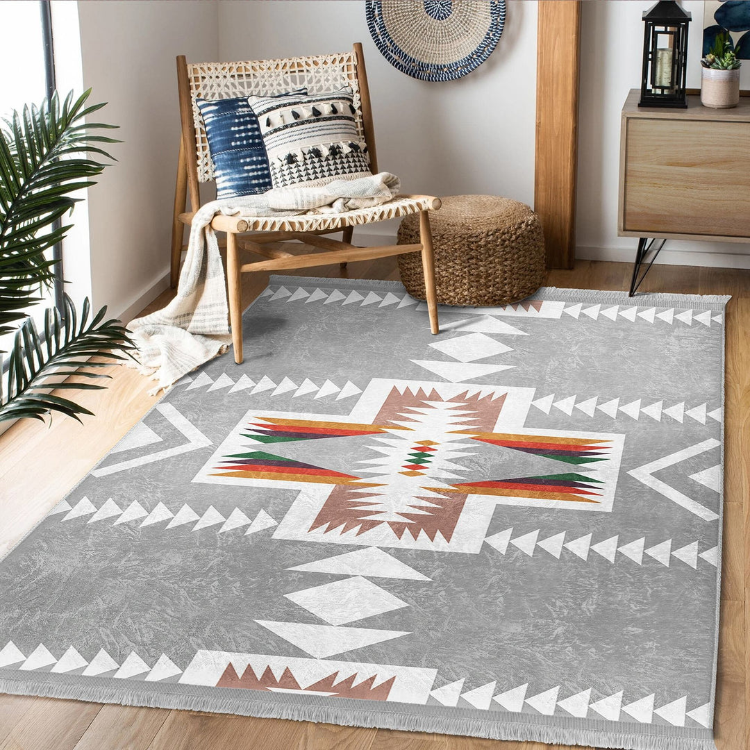 Rug Design Carpet|Ethnic Geometric Decor|Southwestern Rug|Rustic Pattern Machine-Washable Non-Slip Carpet|Aztec Fringed Anti-Slip Floor Mat