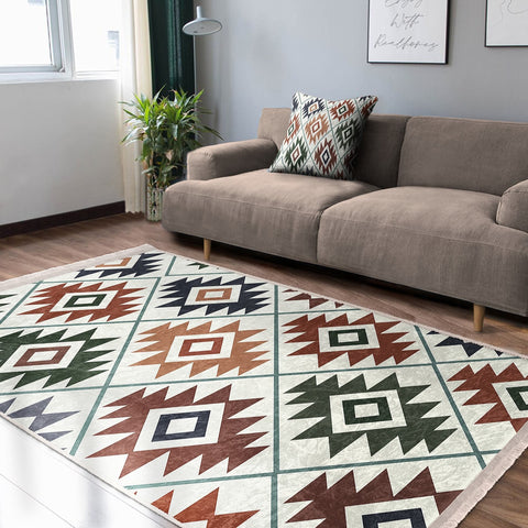 Rug Design Carpet|Southwestern Rug|Kilim Pattern Machine-Washable Non-Slip Mat|Aztec Fringed Anti-Slip Floor Mat|Ethnic Geometric Decor