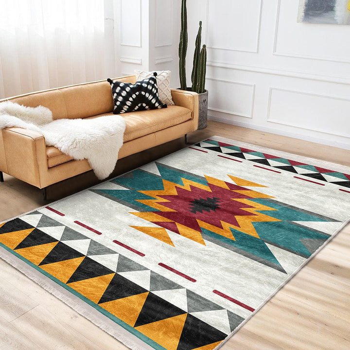 Rug Design Carpet|Terracotta Southwestern Rug|Rustic Pattern Machine-Washable Non-Slip Rug|Aztec Fringed Anti-Slip Floor Mat|Ethnic Decor