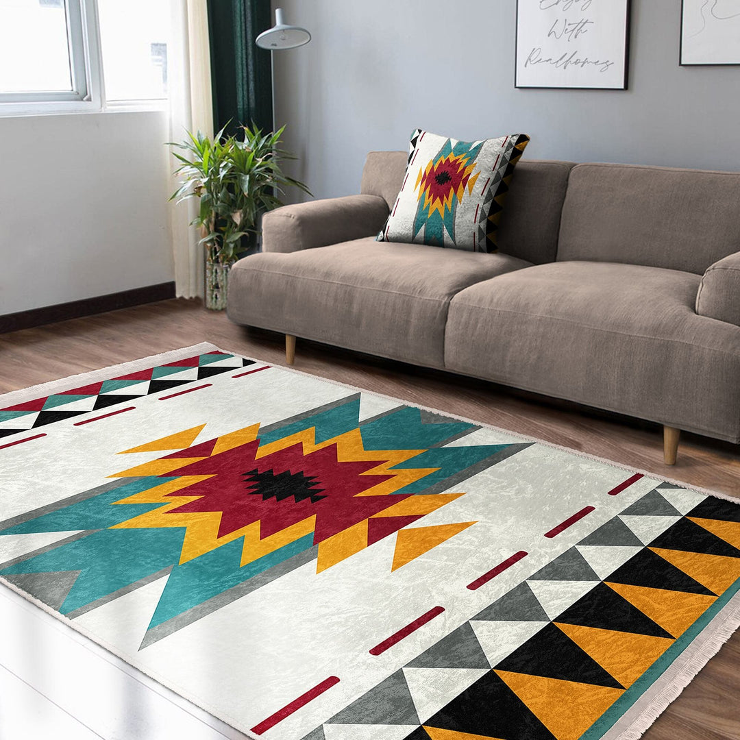 Rug Design Carpet|Terracotta Southwestern Rug|Rustic Pattern Machine-Washable Non-Slip Rug|Aztec Fringed Anti-Slip Floor Mat|Ethnic Decor