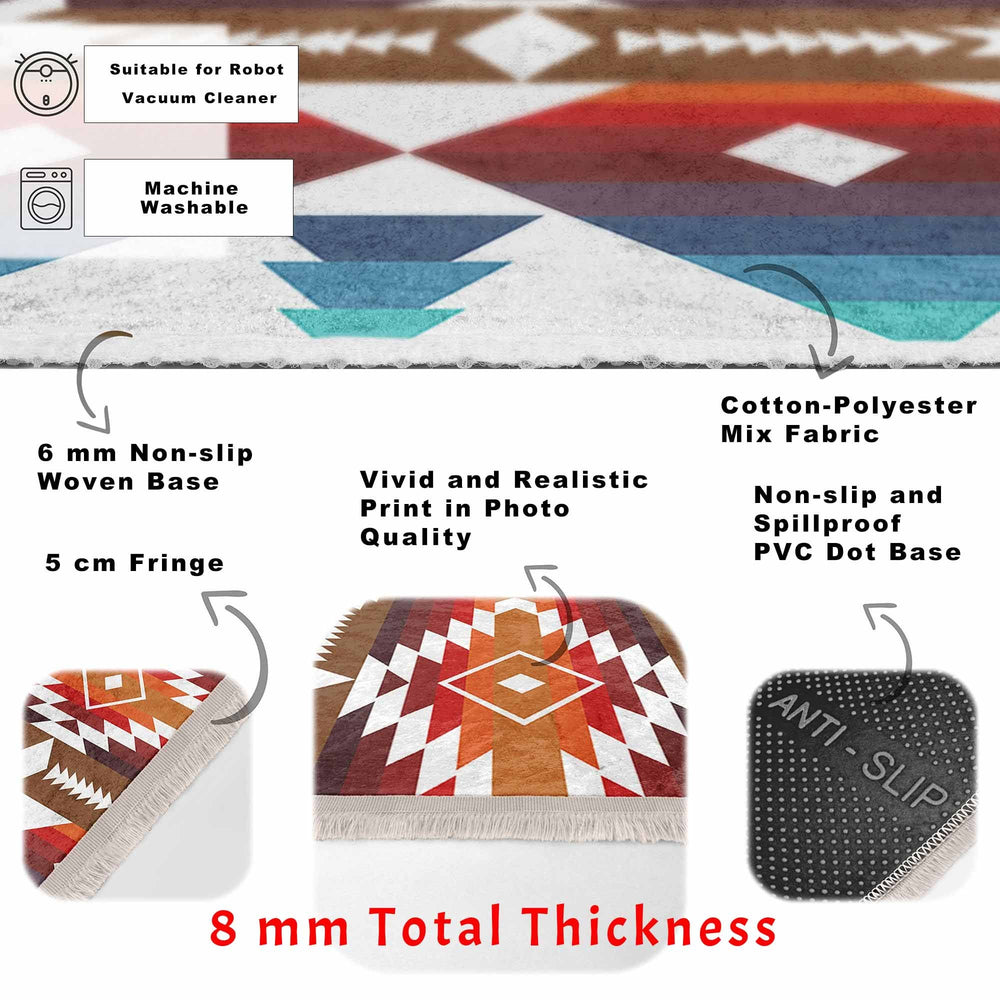 Rug Design Carpet|Southwestern Rug|Terracotta Rustic Machine-Washable Non-Slip Rug|Aztec Fringed Anti-Slip Floor Mat|Ethnic Geometric Decor
