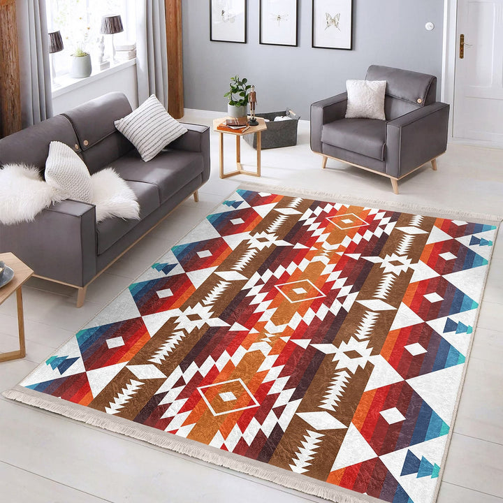 Rug Design Carpet|Southwestern Rug|Terracotta Rustic Machine-Washable Non-Slip Rug|Aztec Fringed Anti-Slip Floor Mat|Ethnic Geometric Decor