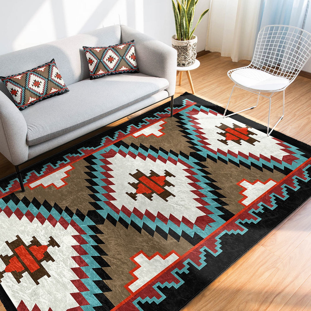 Rug Design Carpet|Southwestern Carpet|Rustic Pattern Machine-Washable Non-Slip Rug|Aztec Fringed Anti-Slip Floor Mat|Ethnic Geometric Decor