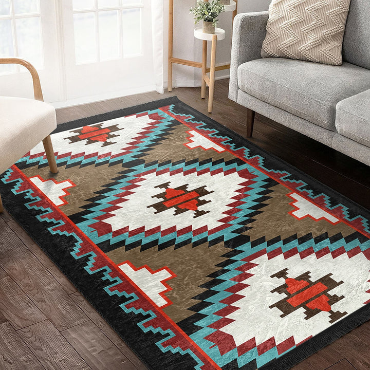 Rug Design Carpet|Southwestern Carpet|Rustic Pattern Machine-Washable Non-Slip Rug|Aztec Fringed Anti-Slip Floor Mat|Ethnic Geometric Decor
