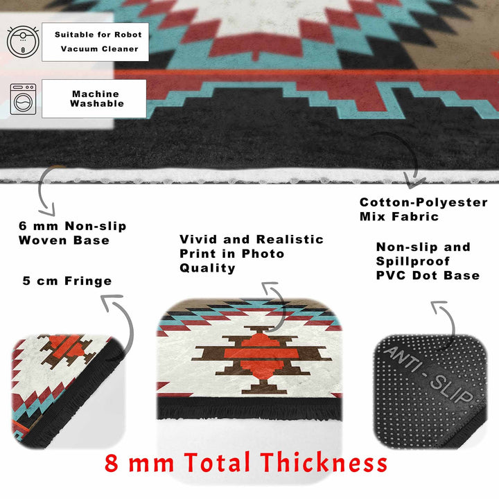 Rug Design Carpet|Southwestern Carpet|Rustic Pattern Machine-Washable Non-Slip Rug|Aztec Fringed Anti-Slip Floor Mat|Ethnic Geometric Decor