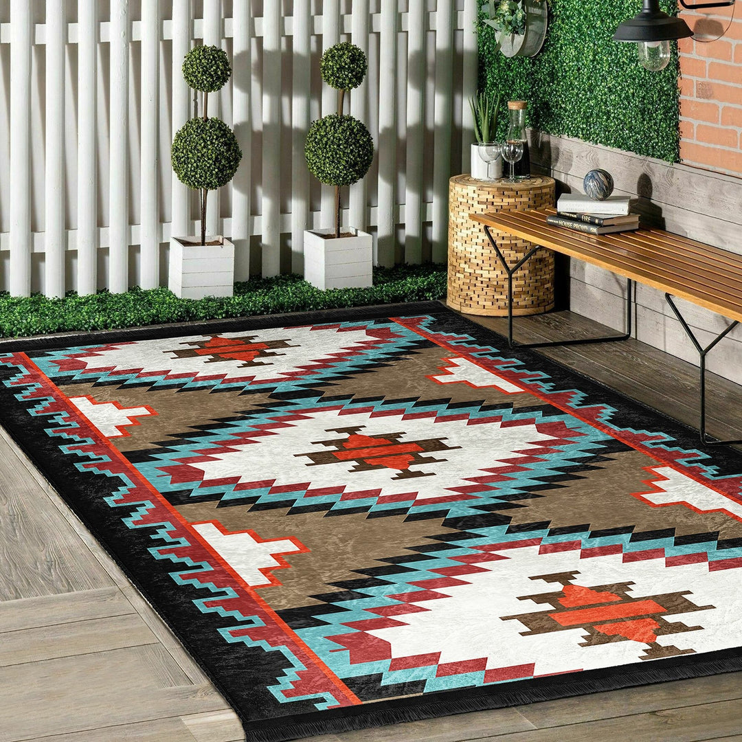 Rug Design Carpet|Southwestern Carpet|Rustic Pattern Machine-Washable Non-Slip Rug|Aztec Fringed Anti-Slip Floor Mat|Ethnic Geometric Decor