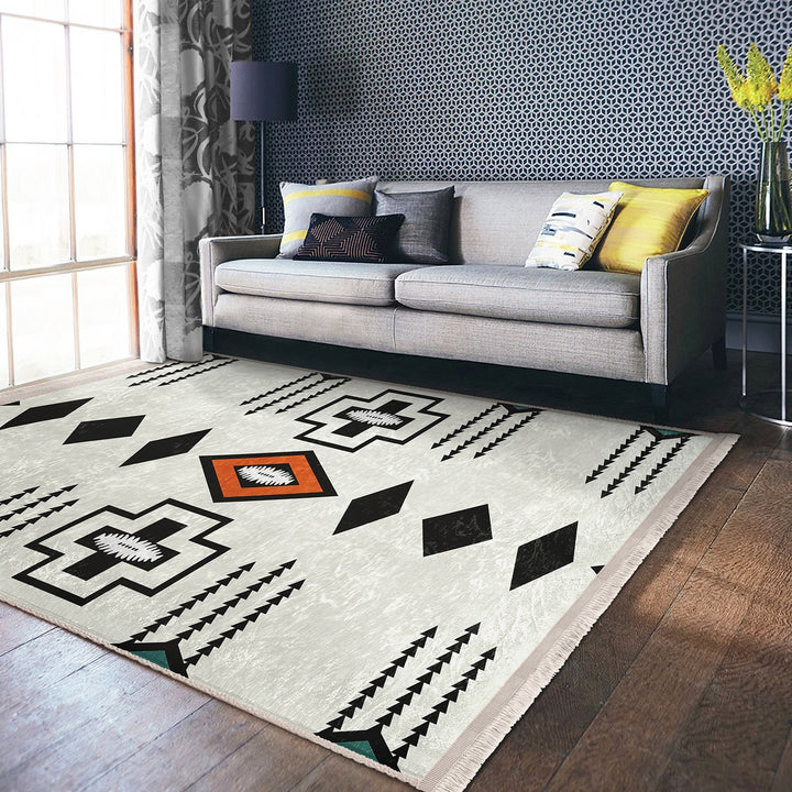 Rug Design Carpet|Aztec Fringed Anti-Slip Floor Mat|Farmhouse Southwestern Rug|Rustic Machine-Washable Non-Slip Mat|Ethnic Geometric Decor