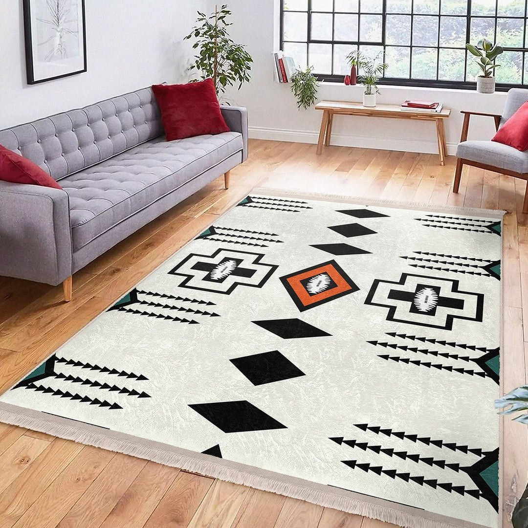 Rug Design Carpet|Aztec Fringed Anti-Slip Floor Mat|Farmhouse Southwestern Rug|Rustic Machine-Washable Non-Slip Mat|Ethnic Geometric Decor