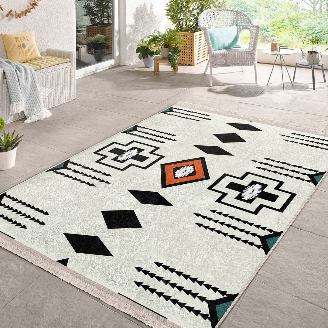 Rug Design Carpet|Aztec Fringed Anti-Slip Floor Mat|Farmhouse Southwestern Rug|Rustic Machine-Washable Non-Slip Mat|Ethnic Geometric Decor