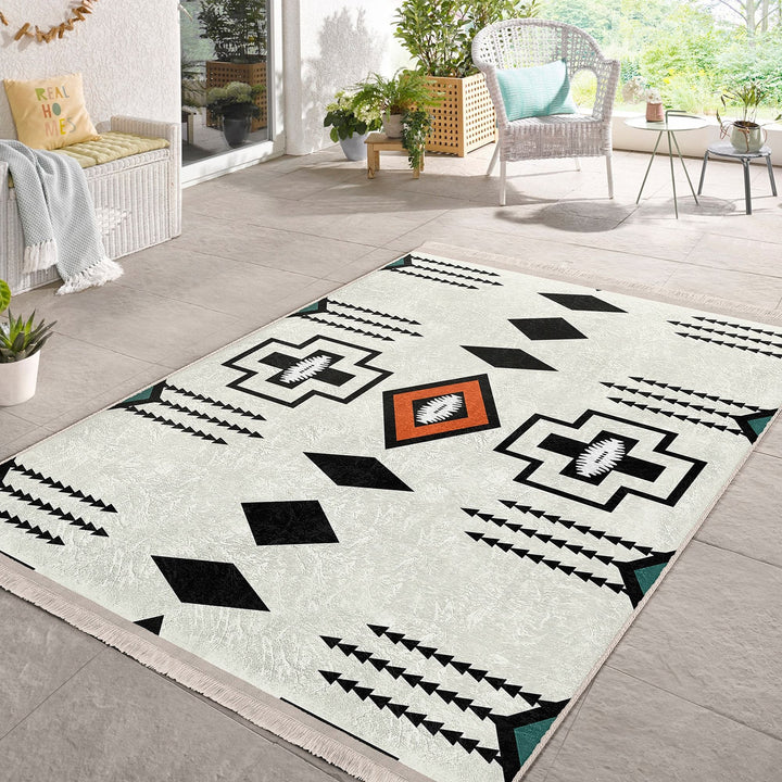 Rug Design Carpet|Aztec Fringed Anti-Slip Floor Mat|Farmhouse Southwestern Rug|Rustic Machine-Washable Non-Slip Mat|Ethnic Geometric Decor