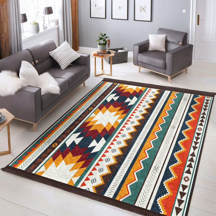 Rug Design Carpet|Southwestern Rug|Rustic Terracotta Machine-Washable Non-Slip Rug|Aztec Fringed Anti-Slip Floor Mat|Ethnic Geometric Decor