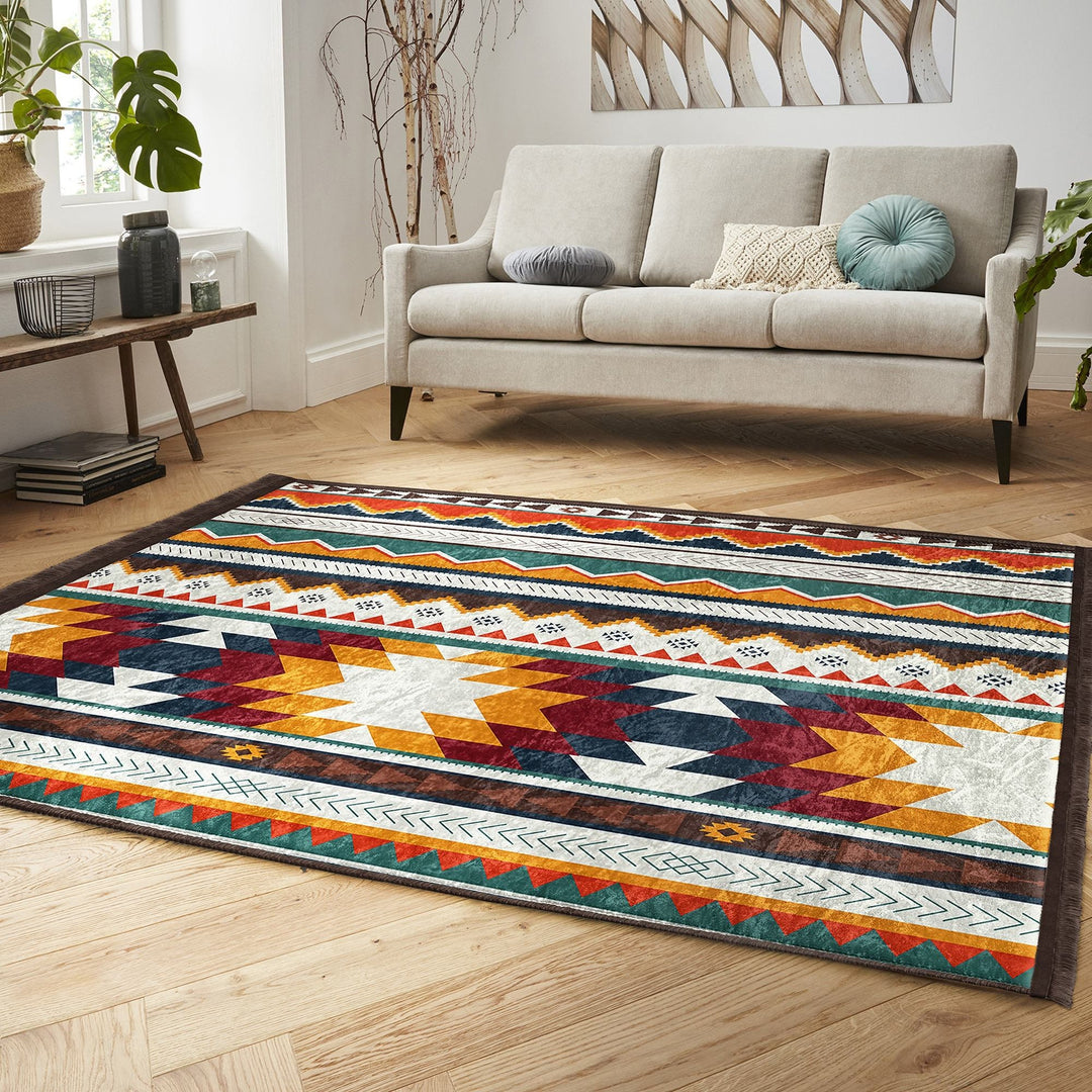 Rug Design Carpet|Southwestern Rug|Rustic Terracotta Machine-Washable Non-Slip Rug|Aztec Fringed Anti-Slip Floor Mat|Ethnic Geometric Decor