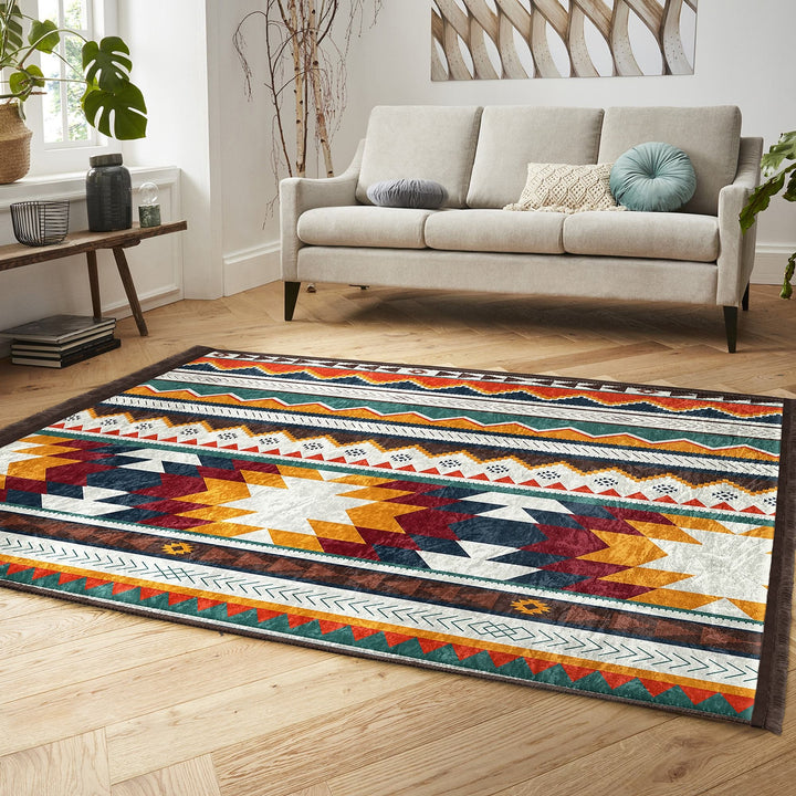 Rug Design Carpet|Southwestern Rug|Rustic Terracotta Machine-Washable Non-Slip Rug|Aztec Fringed Anti-Slip Floor Mat|Ethnic Geometric Decor