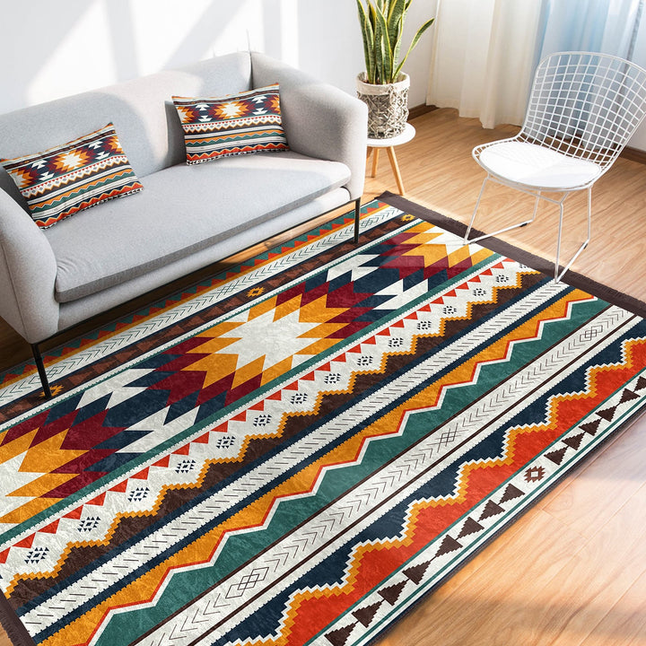 Rug Design Carpet|Southwestern Rug|Rustic Terracotta Machine-Washable Non-Slip Rug|Aztec Fringed Anti-Slip Floor Mat|Ethnic Geometric Decor