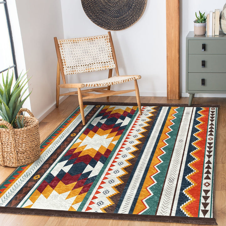 Rug Design Carpet|Southwestern Rug|Rustic Terracotta Machine-Washable Non-Slip Rug|Aztec Fringed Anti-Slip Floor Mat|Ethnic Geometric Decor
