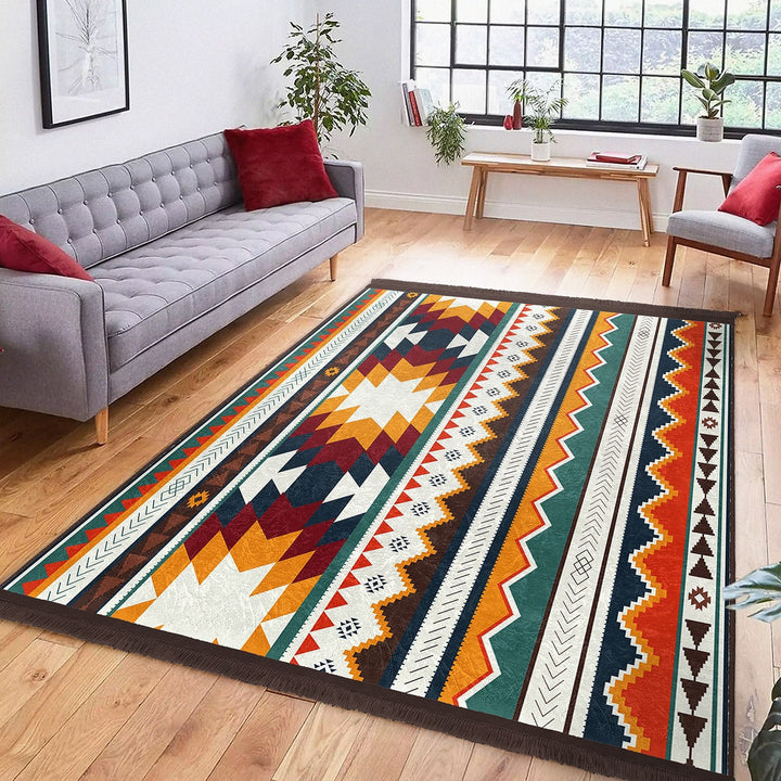 Rug Design Carpet|Southwestern Rug|Rustic Terracotta Machine-Washable Non-Slip Rug|Aztec Fringed Anti-Slip Floor Mat|Ethnic Geometric Decor