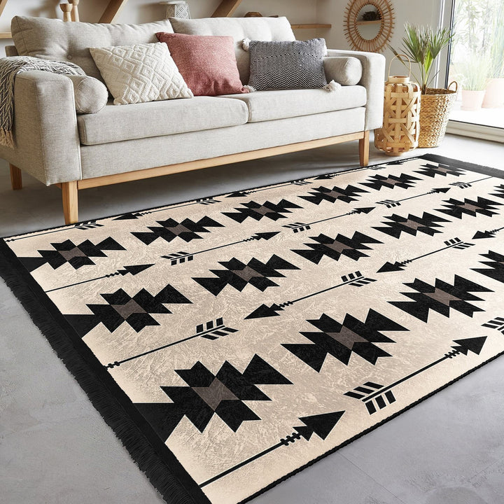 Rug Design Carpet|Farmhouse Southwestern Rug|Rustic Pattern Machine-Washable Non-Slip Mat|Aztec Fringed Anti-Slip Floor Mat|Ethnic Carpet