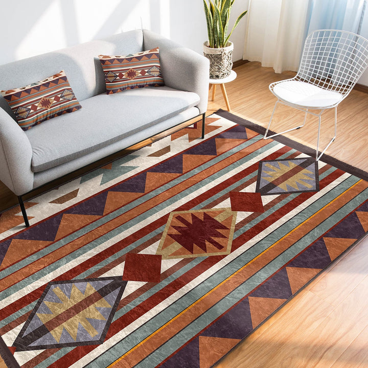 Rug Design Carpet|Southwestern Rug|Aztec Fringed Anti-Slip Floor Mat|Rustic Pattern Machine-Washable Non-Slip Rug|Terracotta Ethnic Carpet