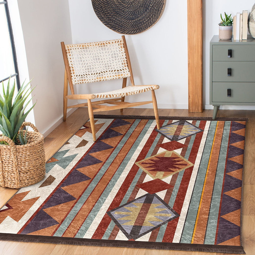 Rug Design Carpet|Southwestern Rug|Aztec Fringed Anti-Slip Floor Mat|Rustic Pattern Machine-Washable Non-Slip Rug|Terracotta Ethnic Carpet