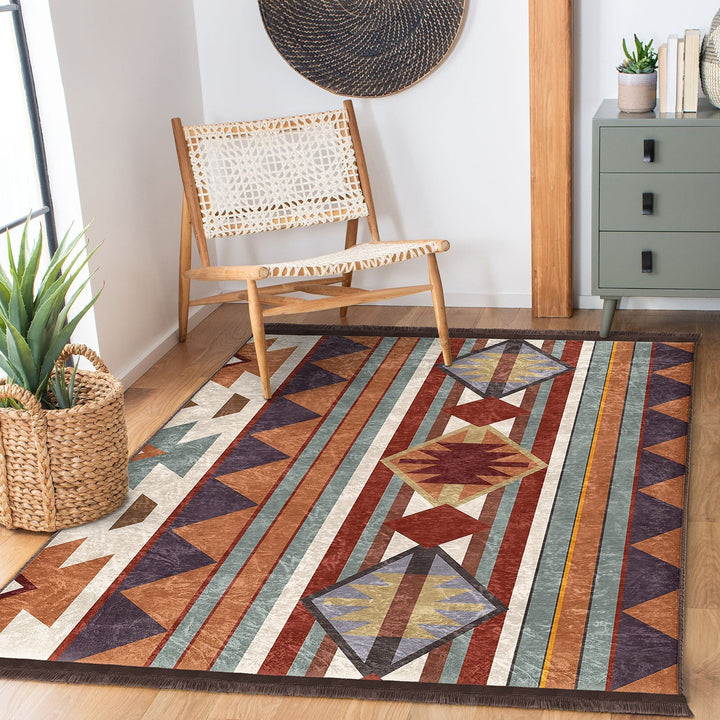 Rug Design Carpet|Southwestern Rug|Aztec Fringed Anti-Slip Floor Mat|Rustic Pattern Machine-Washable Non-Slip Rug|Terracotta Ethnic Carpet