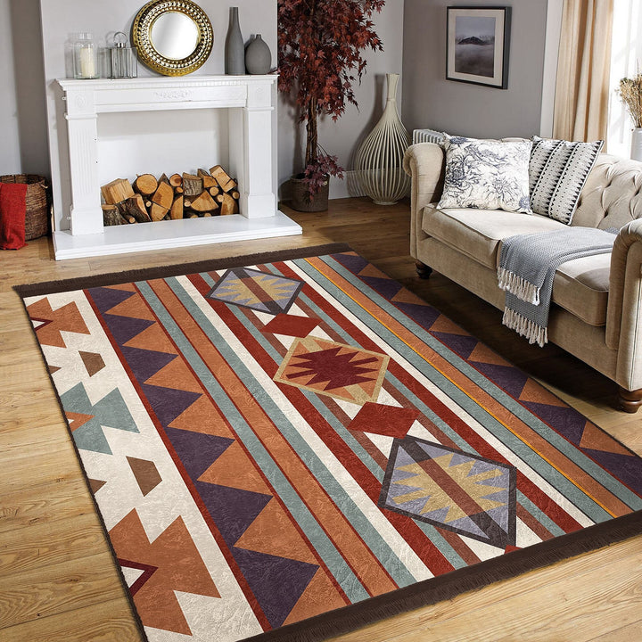 Rug Design Carpet|Southwestern Rug|Aztec Fringed Anti-Slip Floor Mat|Rustic Pattern Machine-Washable Non-Slip Rug|Terracotta Ethnic Carpet