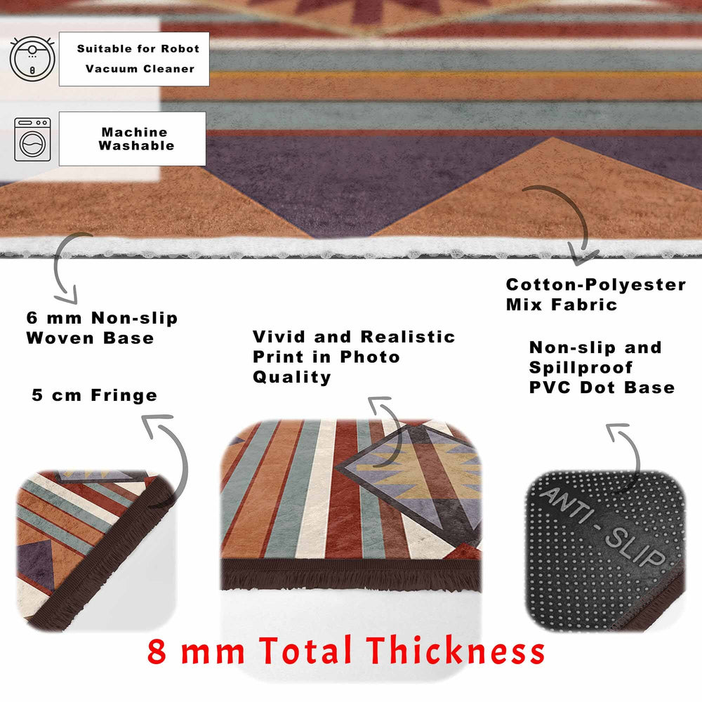 Rug Design Carpet|Southwestern Rug|Aztec Fringed Anti-Slip Floor Mat|Rustic Pattern Machine-Washable Non-Slip Rug|Terracotta Ethnic Carpet