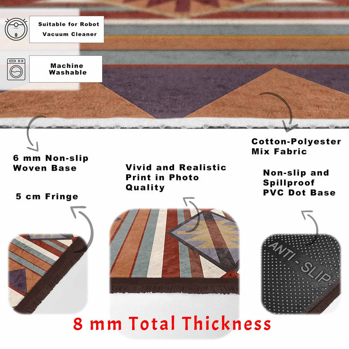 Rug Design Carpet|Southwestern Rug|Aztec Fringed Anti-Slip Floor Mat|Rustic Pattern Machine-Washable Non-Slip Rug|Terracotta Ethnic Carpet