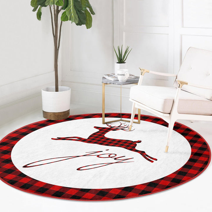 Christmas Circle Rug|Winter Round Carpet|Checkered Xmas Rug|Circle Non-Slip Rug|Xmas Deer Carpet|Buckhorn Home Decor|Joy, Believe Floor Mat