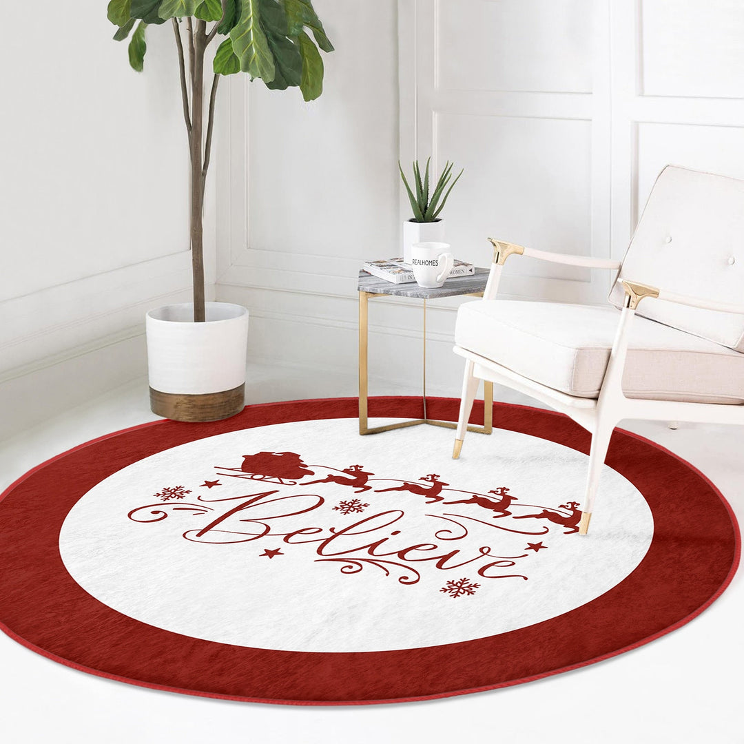 Christmas Circle Rug|Winter Round Carpet|Checkered Xmas Rug|Circle Non-Slip Rug|Xmas Deer Carpet|Buckhorn Home Decor|Joy, Believe Floor Mat