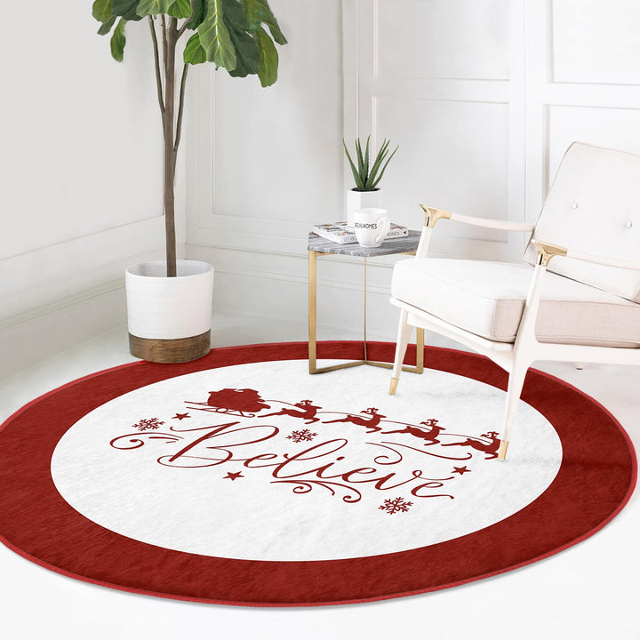 Christmas Circle Rug|Winter Round Carpet|Checkered Xmas Rug|Circle Non-Slip Rug|Xmas Deer Carpet|Buckhorn Home Decor|Joy, Believe Floor Mat