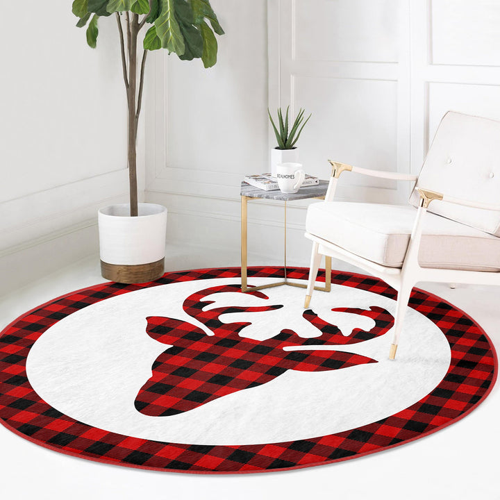 Christmas Circle Rug|Winter Round Carpet|Checkered Xmas Rug|Circle Non-Slip Rug|Xmas Deer Carpet|Buckhorn Home Decor|Joy, Believe Floor Mat