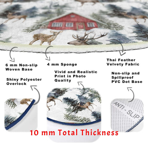 Winter Round Rug|Snow Non-Slip Rug|House Circle Carpet|Christmas Circle Rug|Pine Tree Home Decor|Xmas Floor Carpet|Deer Multi-Purpose Mat