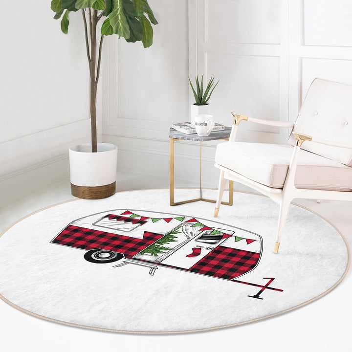 Christmas Circle Rug|Winter Round Carpet|Checkered Xmas Rug|Circle Non-Slip Rug|Merry Xmas Carpet|Deer Home Decor|Camper Print Area Mat