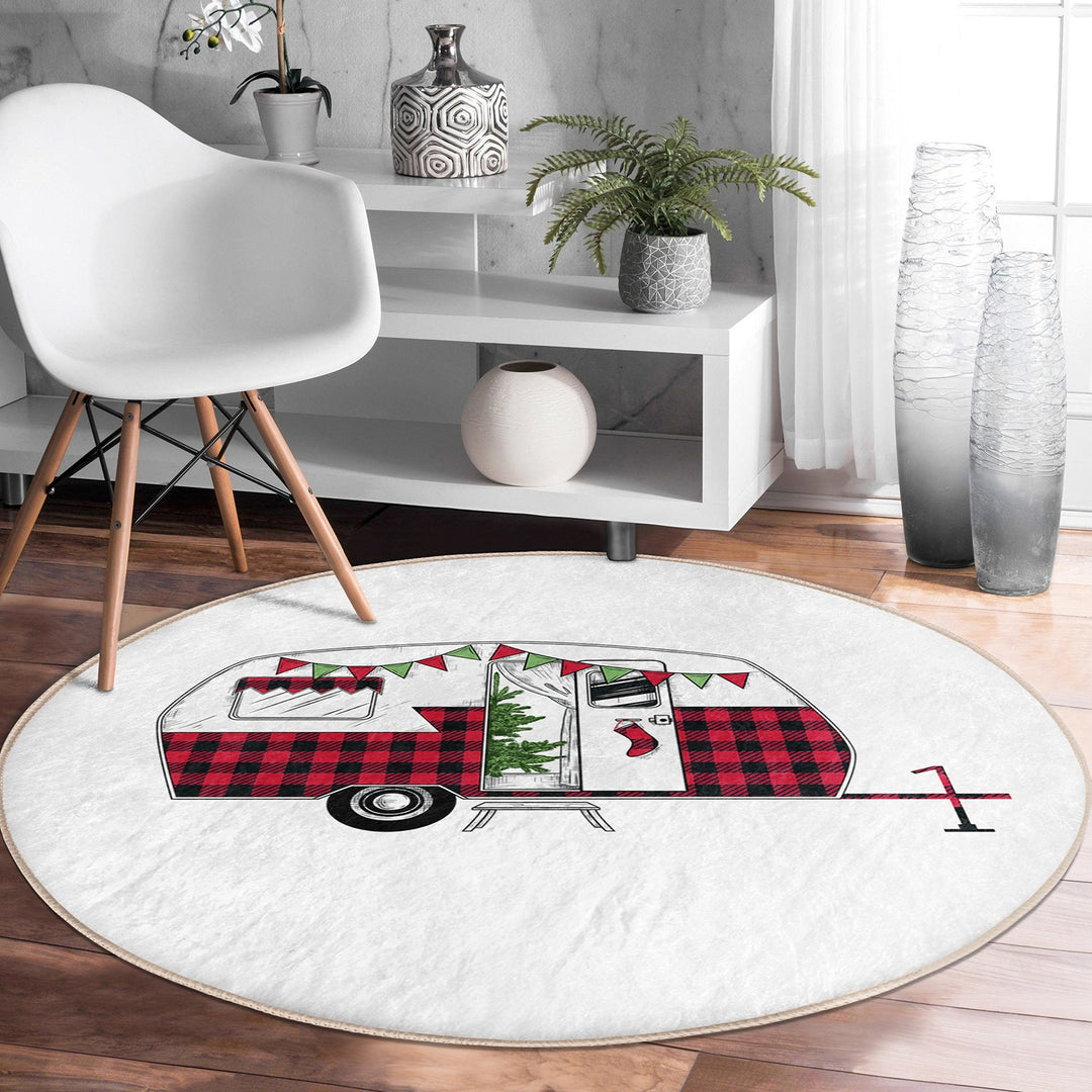 Christmas Circle Rug|Winter Round Carpet|Checkered Xmas Rug|Circle Non-Slip Rug|Merry Xmas Carpet|Deer Home Decor|Camper Print Area Mat